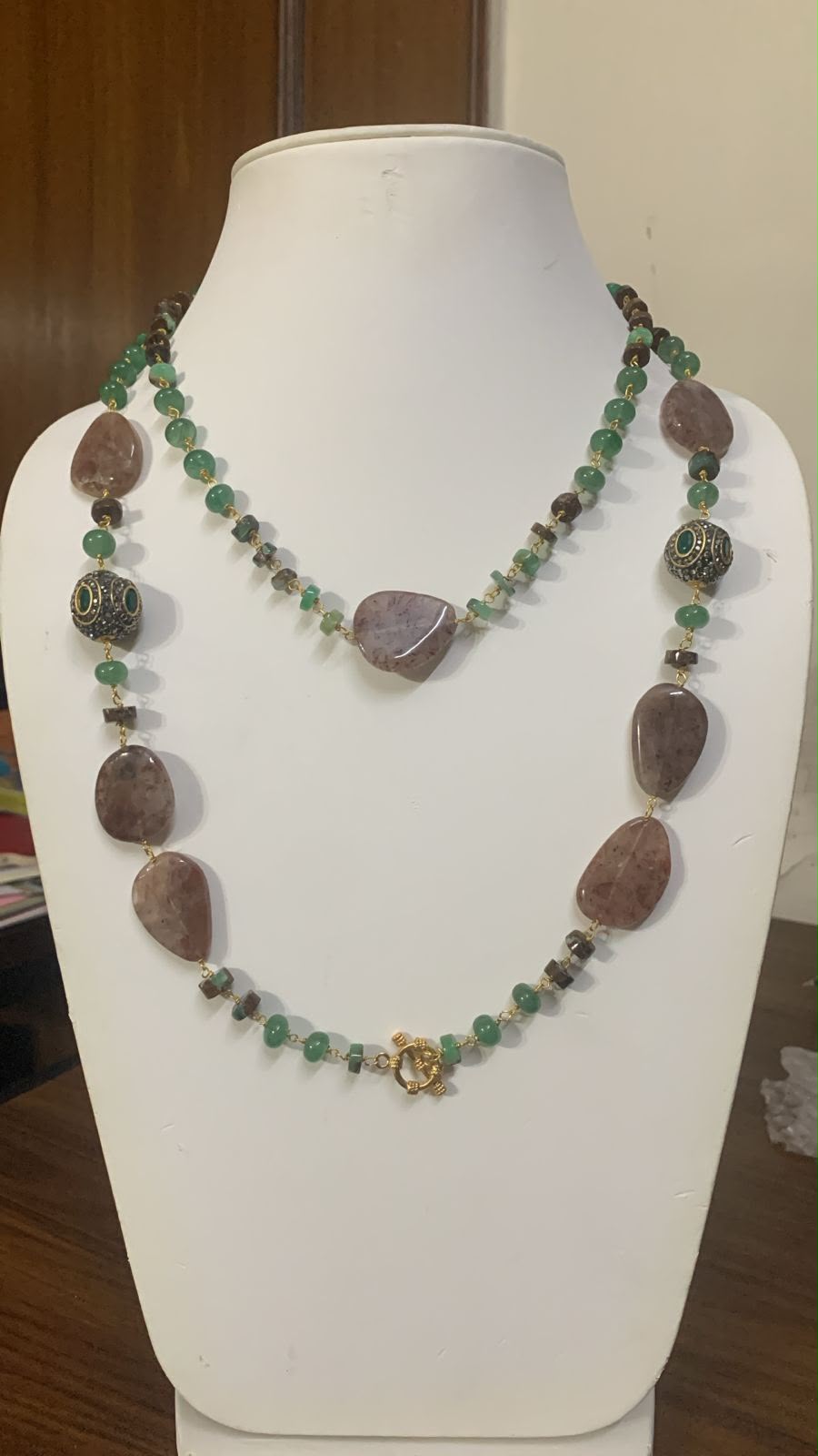 Orchard Rope — Strawberry quartz and chrysoprase, opera length