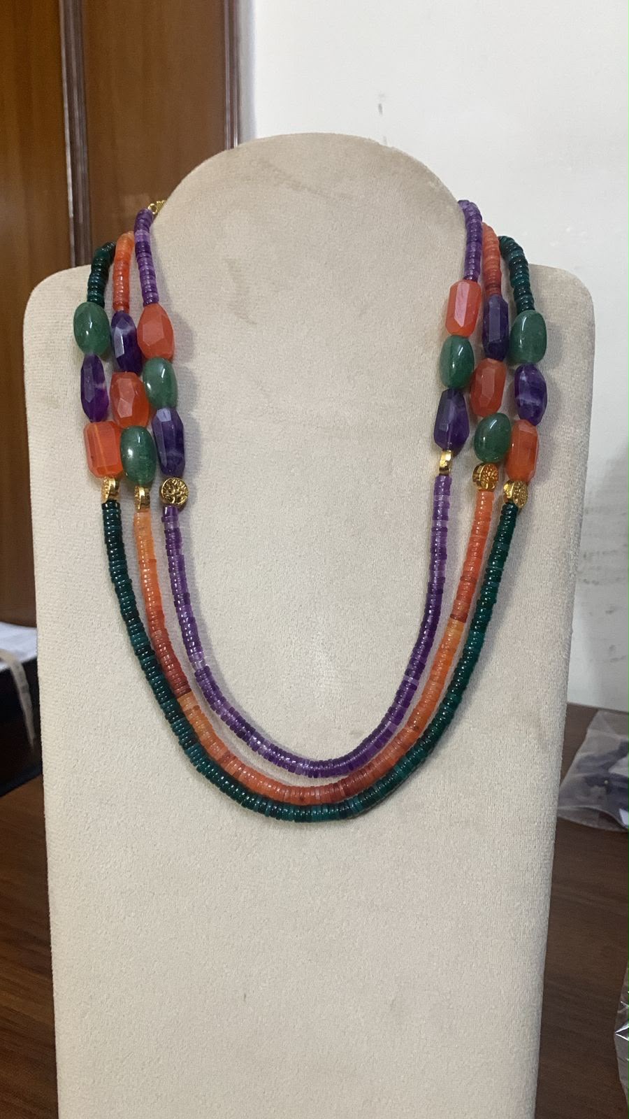 Carnival Triple Strand — Green onyx, carnelian and amethyst