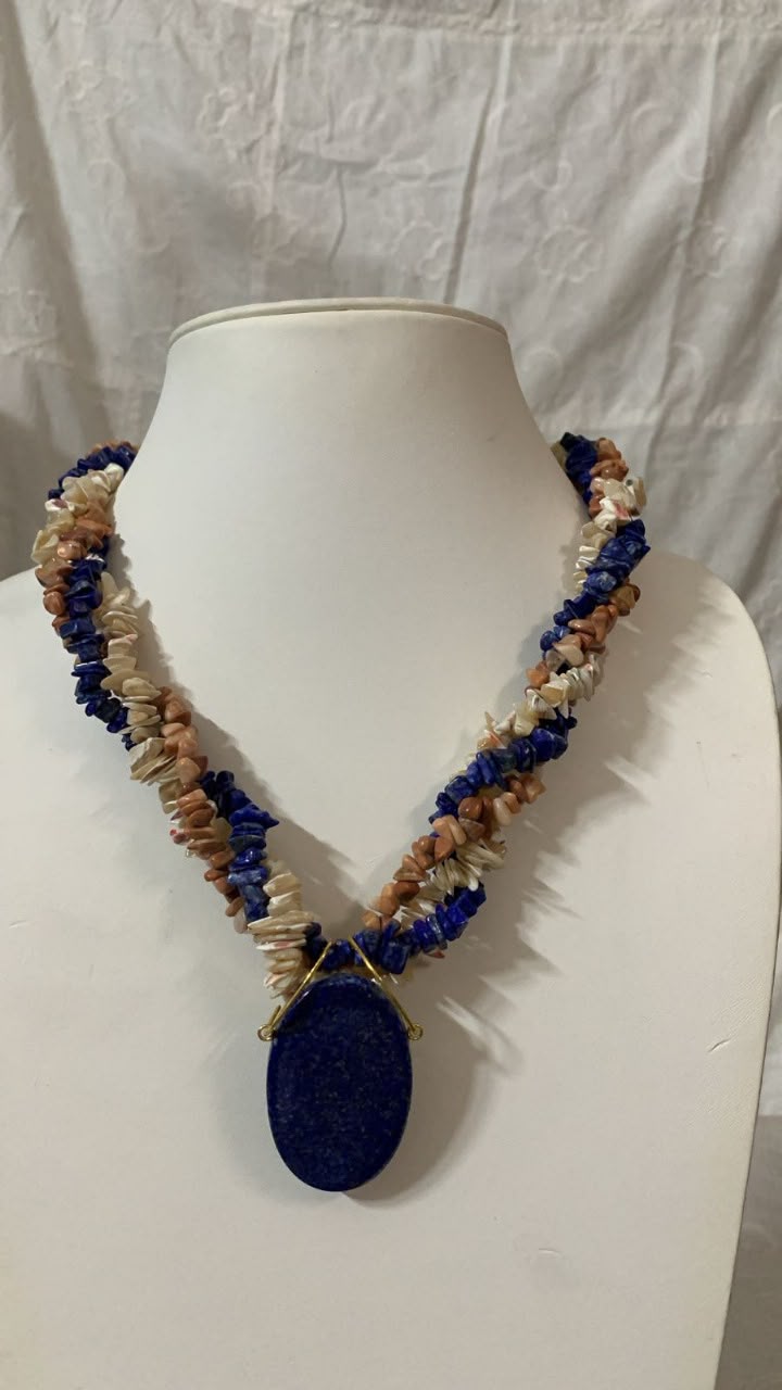Lapis Medallion — Chip-twist collar with an oval lapis drop
