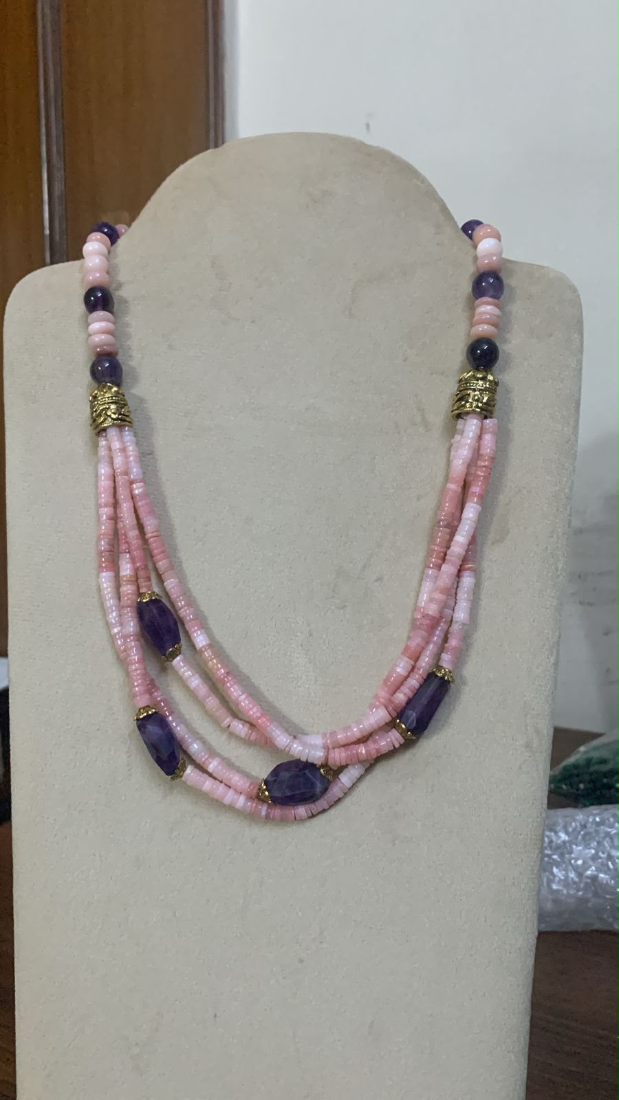 Blush Opal Cascade — Pink opal heishi with faceted amethyst