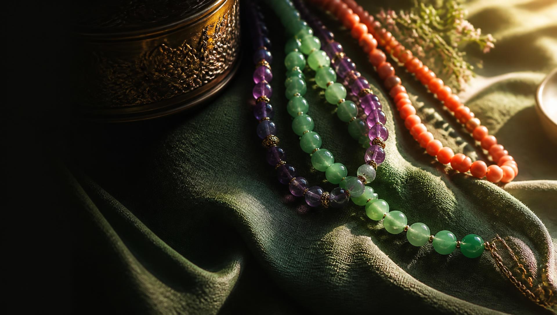 Strands of jade, amethyst and coral beads resting on draped linen